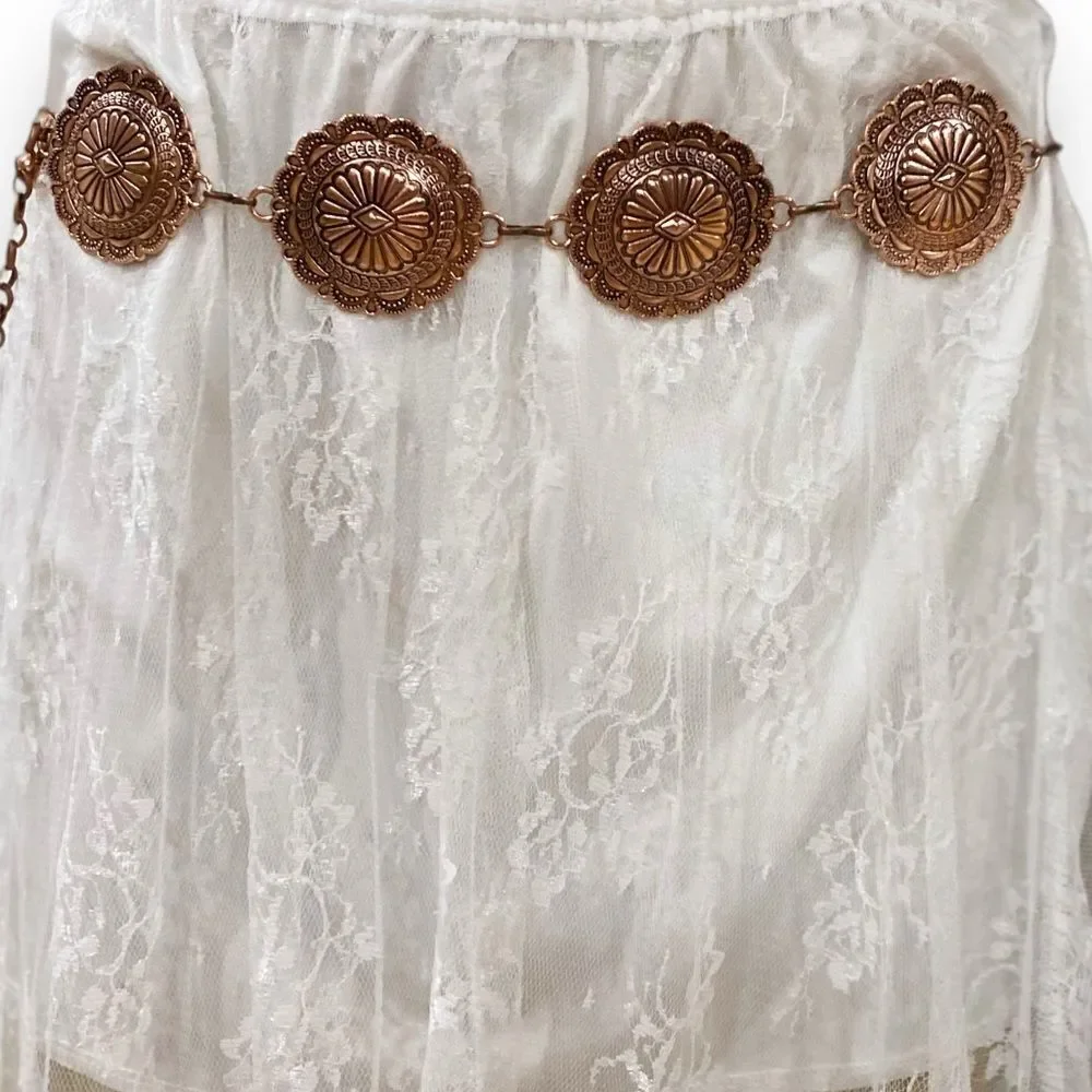 Western Antique Round Floral Copper Links Concho Belt NEW